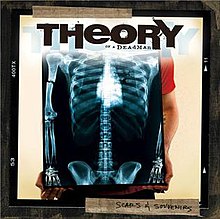 An image of a man holding an x-ray which shows his bones on a white piece of paper on a white background on a black wall. Two pieces of tape stick the pieces of paper to the wall. Above, we see the words "Theory" with "of a Deadman" in smaller text with "Scars & Souvenirs" underneath.