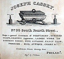 Cassey's barber shop advertisement, 1832; reads "keeps a general assortment of perfumery, scented soaps, shaving apparatus, ladies work and dressing boxes, fine cutlery, fancy hair, pommade, “huil antique”, combs"