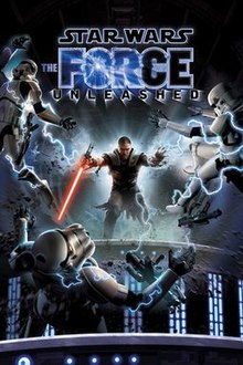 The game's protagonist, Starkiller, uses force lightning on three Stormtroopers while wielding a red lightsaber.