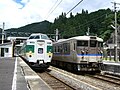 An express train headed to Okayama Station, and another headed to Yonago Station