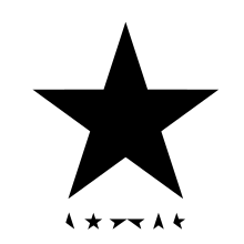 A white background with a large black star and smaller parts of a five-pointed star that spell out "BOWIE"