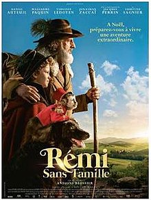 The film poster shows a boy, a man, a monkey and a dog at the left. The background is a French countryside under partly cloudy blue sky. The lower middle has the film's name, the top contains the list of principal actors, and the bottom contains the film's credits.