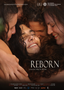 Reborn film poster. Shows a dark-haired woman's leaning back, apparently giving birth, surrounded by three other women holding her within the circle of their arms.