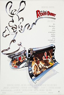 Theatrical release poster depicting filmstrips shaped like Roger Rabbit. The title "Who Framed Roger Rabbit" and a tagline "It's the story of a man, a woman, and a rabbit in a triangle of trouble." are shown at the left top of the image.