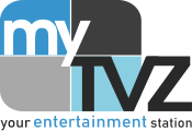 A rounded rectangle divided into blue and gray parts with the word "my" in white and a black "TVZ" in the lower right. Underneath is the text "your entertainment station", with "entertainment" in larger and blue lettering to emphasize it.