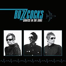 A black background with black-and-white headshots of the band members and a blue line mimicing an EKG monitor below and a logo and line drawing of a plane above