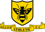 A logo depicting a gold shield with black edges and a black wasp on it. Below the shield, the words "Alloa Athletic F.C." appear on a gold scroll banner.