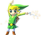 A cartoon version of Link wearing a green tunic and cap and holding a magical baton