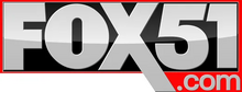 On a black background with a red border, the Fox network logo - bold silver letters FOX - next to a silver 51. The lower right descender of the X has been extended. In the lower right notch of the layout is a silver ".com".