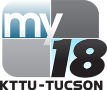 A rounded rectangle divided into blue and gray parts with the word "my" in white and a black italicized "18" in the lower right. Underneath is the text "KTTU - TUCSON".