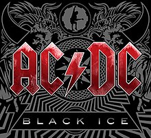 In the forefront, the logo for AC/DC in red letters, and under it a quadrilateral with "Black Ice" in white letters. In the background, a mosaic with tribal motifs, drawings of horns, wings, a man in a straitjacket, and a guitarist inside a cog.