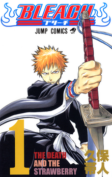 The image shows an orange-haired teenager wearing a black kimono and wielding a sword with a white background. The word "BLEACH" is written at the top in red and blue while at the bottom it is written "1. THE DEATH AND THE STRAWBERRY" in various colors.