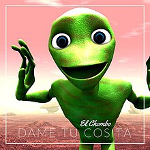 In a reddish, rocky habitat, a green alien is shown with its arms stretched out, dancing. An outline of a square surrounds the screen. Inside the bottom half of the square, El Chombo's name is written in cursive, and below that, "Dame Tu Cosita"