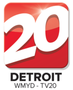A white angled 20 in a sans serif inside a red shiny rounded rectangle. Underneath in two lines are the words "Detroit" in bold and "WMYD-TV20" in smaller, thinner text.