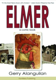 The title "Elmer" in red on a white background above a color photo of Elmer, which is flanked by black-and-white newspaper clippings.