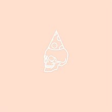 A skull wearing a child's party hat, on a light orange background.
