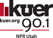 Two red bars next to the lowercase letters K U E R, mostly in a sans serif. The U is a block U associated with the University of Utah. Underneath, small, is the URL K U E R .org and the large frequency "90.1", and underneath that is a red bar and the words "N P R Utah".