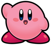Artwork depicting Kirby, a pink, spherical character with red feet