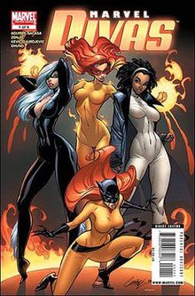 Cover of the first issue of the series featuring, clockwise from the left, Black Cat, Firestar, Photon, and Hellcat.