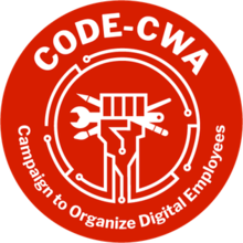 A red logo that looks like a circuit board, with a solidarity fist inside, holding a pen, brush and wrench