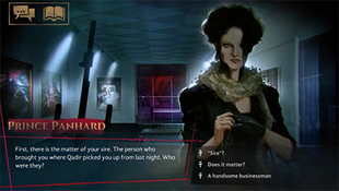 A screenshot of a conversation with the character Panhard. 2D artwork of the character is shown on the right of the screen, and the bottom shows both Panhard's dialogue and responses the player can choose from.