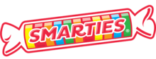 The Smarties Candy Company logo on a transparent background. The logo consists of an illustration of a roll of Smarties wafer candies. The wafers are multicolored, and the roll is emblazened with the word "SMARTIES" in red.