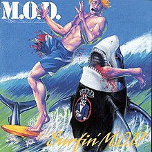 A shark with an M.O.D. T-shirt biting off a surfer's leg.