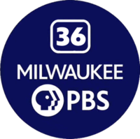 Within a dark blue disk, three lines of text appear, all in white. The first features a number "36" appearing within a curved rectangle, a stylized representation of an older standard-definition television. The second line of text reads "MILWAUKEE" in all capitals, and the third line features the current PBS logomark, with its "Head" element in a circle next to the words "PBS" on the right.