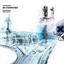 A highly edited image of a highway. In the top left corner is written "Radiohead", with text beneath reading "OK Computer" and "OKNOTOK 1997 2017".