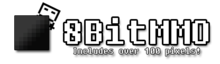 The logo for the MMO 8BitMMO, featuring a large black square on the left that has a black pixelated gradient on it, a player character peaking out from the top right corner of it, the text 8BitMMO on the right, and the tagline "Includes over 100 pixels!" underneath.