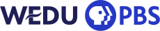The letters W E D U, with the crossbar of the E formed by a stylized wave, in navy; the PBS network logo and letters P B S in blue.