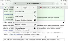 Screenshot of Wikipedia Village Pump post, showing text size. Captured on an iPad tablet running iOS 15. The top bar reads "en.m.wikipedia.org" and the Reading Mode panel is dropped-down, showing 100% zoom level.