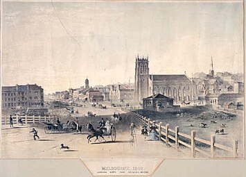 1862 lithograph of Melbourne from Princes Bridge, showing the first St Paul's Church