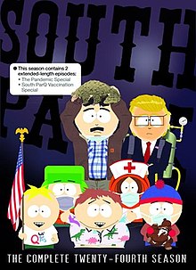 The boys from South Park standing in front of Randy, who is holding up a large pile of marijuana and Mr. Garrison, who has a spray-tan and is wearing a suit