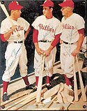 Granny Hamner, Del Ennis, and Richie Ashburn of the 1950 Phillies "Whiz Kids" in a promotional photo.