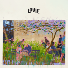 A painting of a crowd of people in a springtime park with the title hovering above in an off-white border space.