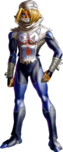 Artwork of Sheik wearing a mask and a blue and white unitard