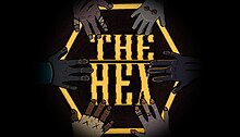 Six hands placed down on a table in a circle, surrounding the words "The Hex".