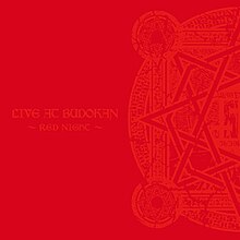 A red album cover, with the words "LIVE AT BUDOKAN" and "~RED NIGHT~" on the left side and one half of a circular design on the right side, both in a lighter red color.