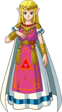 Artwork of Zelda wearing a long white and pink gown with gold ornamentation