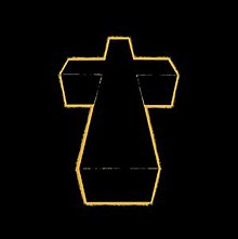 A black cross outlined in yellow against a black background