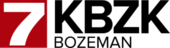 A white 7 in a red square to the left, with two lines of black lettering: the top line has "KBZK" in a large, bolded serif, and the bottom line has "BOZEMAN" in a smaller, thin serif.