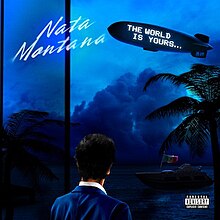 A man with blue clothing staring at a blue sky with text showing "Nata Montana" and a blimp reading "The World Is Yours..."