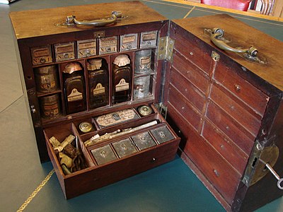 Threipland's medicine chest opened showing drawers