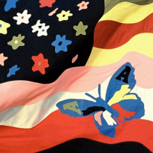 A psychedelic version of the American flag with a butterfly superimposed atop