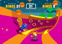 From a third-person perspective, Sonic and Tails run through a pink-and-orange halfpipe while collecting golden rings.