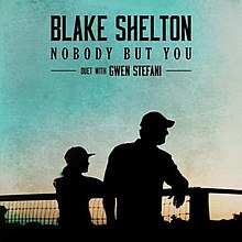 A color photograph of the sky is shown, with a filter applied that exaggerates the blue-to-orange gradient of the horizon; the silhouettes of singers Blake Shelton and Gwen Stefani appear in the image's foreground. The artwork also contains the words "Blake Shelton, Nobody but You, Duet with Gwen Stefani" in all-caps and a black typeface.