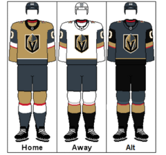 Three hockey uniforms. The first is the home uniform, with the Golden Knights' logo on a gold jersey with red, white, and grey stripes, grey shorts, and a grey helmet. The second is the road uniform, with the Golden Knights' logo on a white jersey with red, gold, and grey stripes, grey shorts, and a white helmet. The third is the alternate uniform, with the Golden Knights' logo on a dark grey jersey with red, gold, and black stripes, black shorts, and a grey helmet. The socks on all three match the stripes on and color of the jerseys.