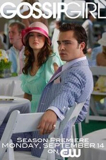 A brunette woman dressed in a sea foam green dress and a pink, rose-ribboned hat looks on at a distance with a brown haired gentleman dressed in a blue-striped suit and purple tie. The title of the show is placed boldly on the top of the poster while the episode's premiere date, and network are written in white and positioned at the bottom of the image.