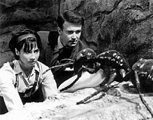 A young woman with dark hair and a middle-aged man with dark hair looking intensely at a giant ant.